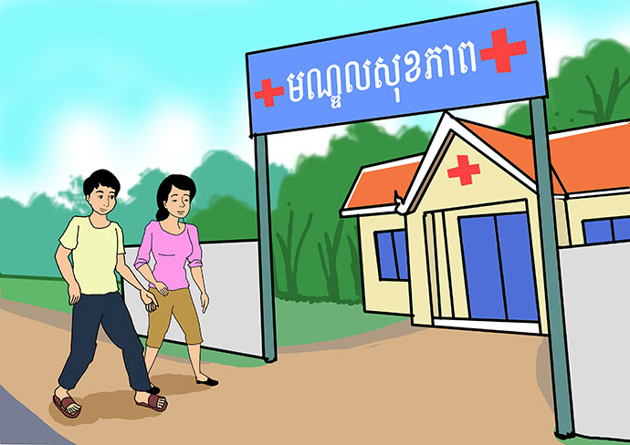 A youth is accompanied by  a woman to a health center.